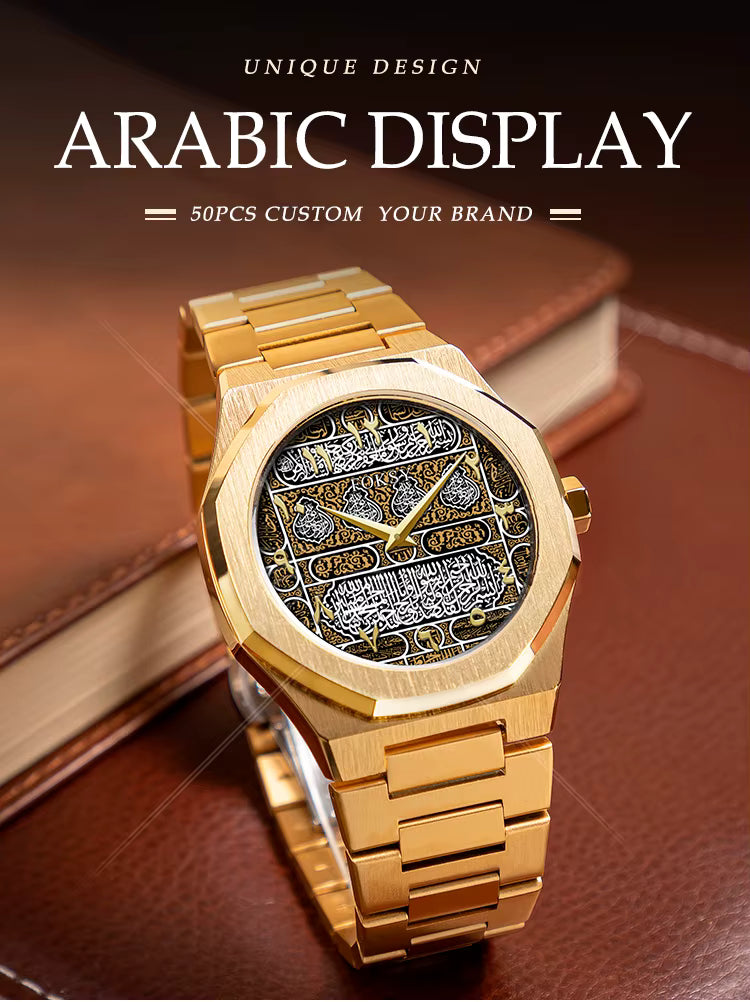 Hot Trend Custom Islamic Muslim Arabic Waterproof Japan Movt Quartz Watch Stainless Steel Strap Wrist watch