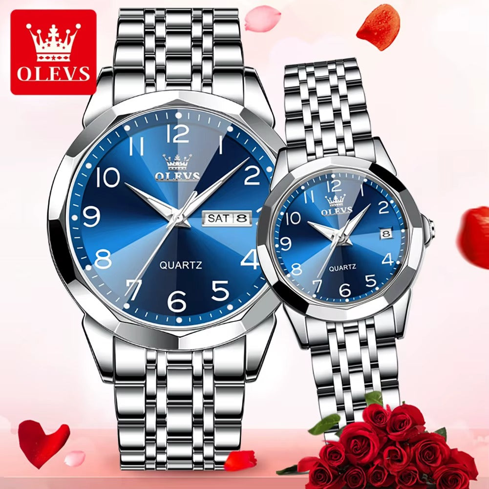 OLEVS 9970 New Fashion Stainless Steel Couple Watch Set / ساعة  الجديدة لعام  طقم ساعات فاخرة للرجال والنساء