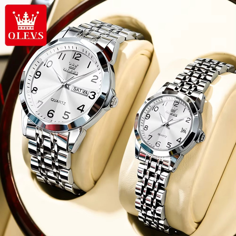 OLEVS 9970 New Fashion Stainless Steel Couple Watch Set / ساعة  الجديدة لعام  طقم ساعات فاخرة للرجال والنساء